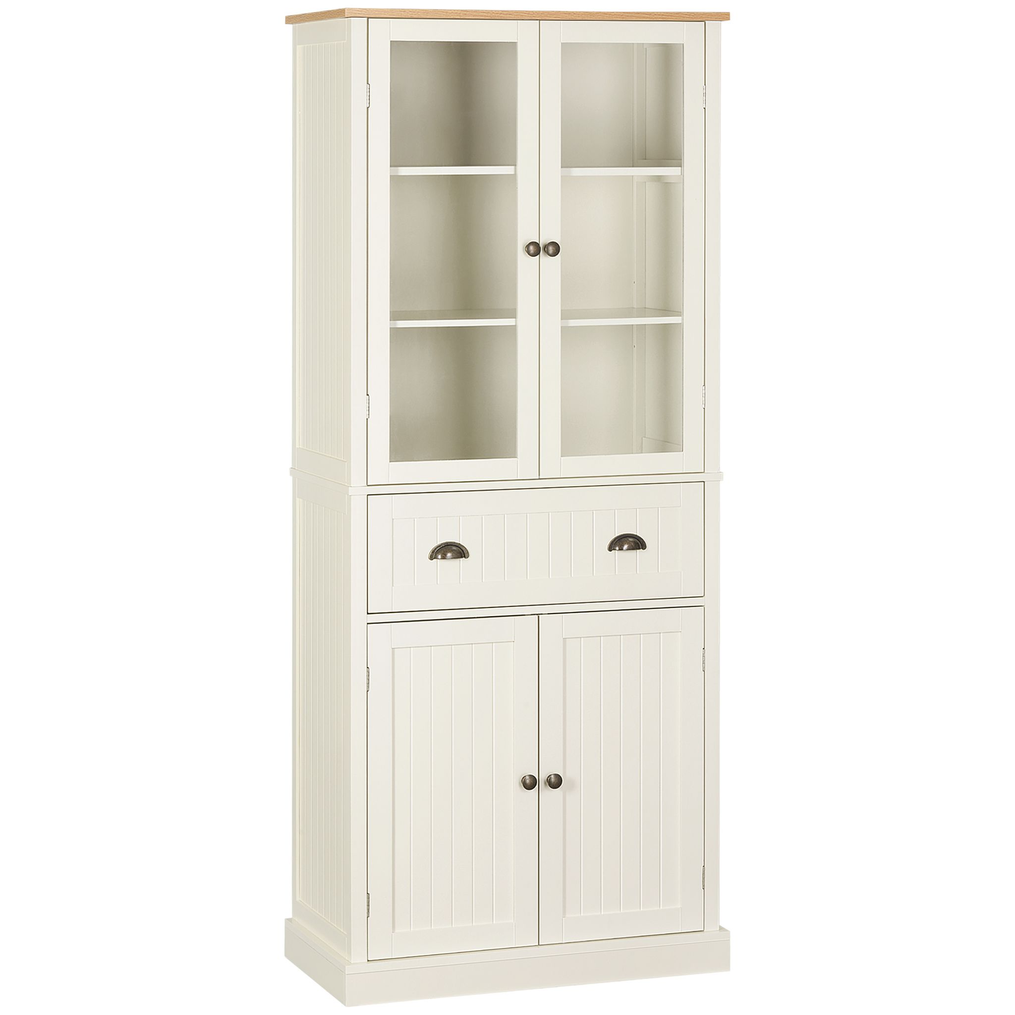 HOMCOM Armoire de cuisine multi-rangement 4 portes vitrine verre avec  étagère tiroir coulissant grand plateau panneaux particules blanc aspect  chêne clair