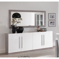 Buffet moderne laqué blanc brillant décor bêton marbré 4 portes TORINO (Blanc/gris)
