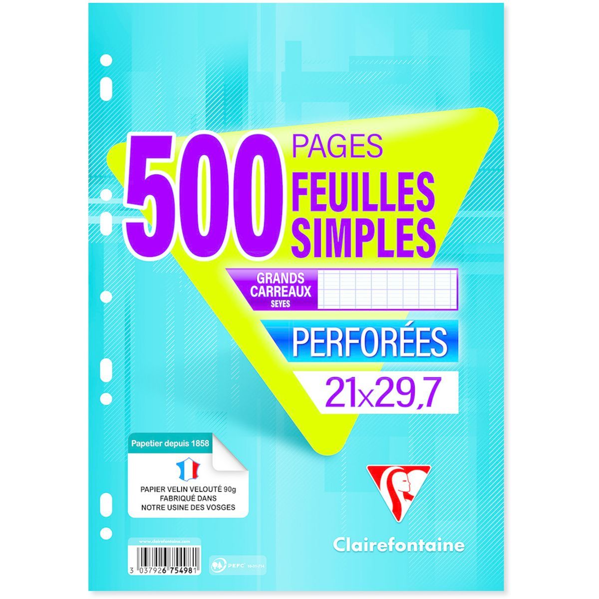 500P Feuilles simples CLAIREFONTAINE A4 séyès Perforées : Chez