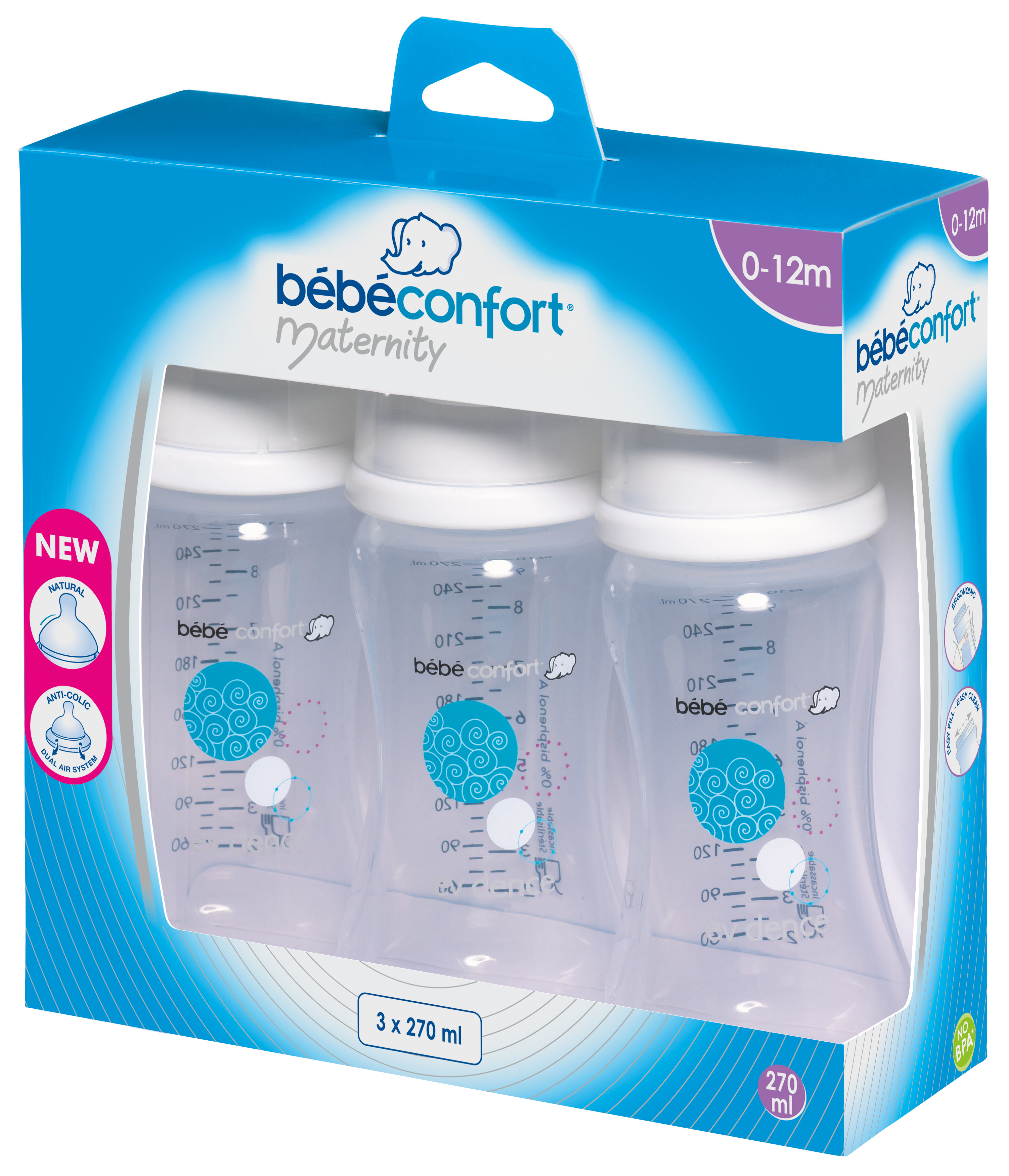 Bebe Confort Lot de 3 biberons 270ml + 2 tétines pas cher 