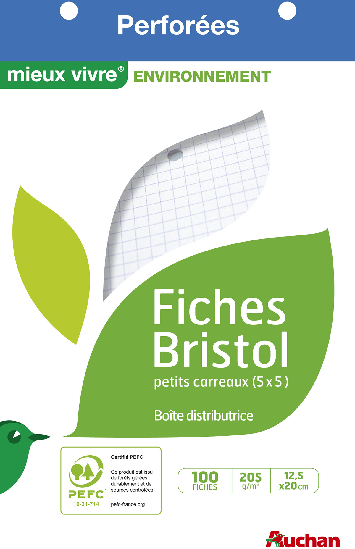 AUCHAN Lot de 100 fiches bristol perforées 5x5 12.5x20cm - petits carreaux  pas cher 