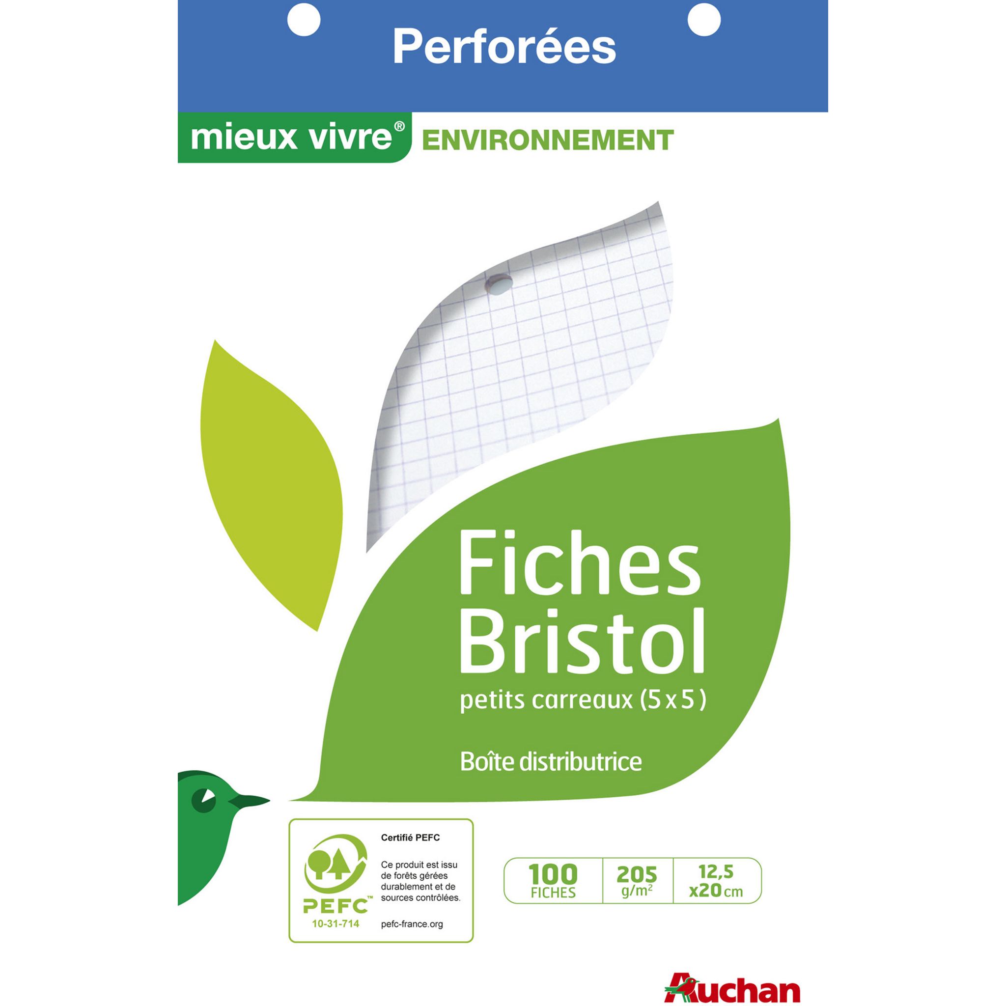 AUCHAN Lot de 100 fiches bristol perforées 5x5 12.5x20cm - petits carreaux  pas cher 