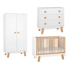 Chambre complète lit bébé 60x120 - commode à langer - armoire 2 portes Iga - Blanc et bois