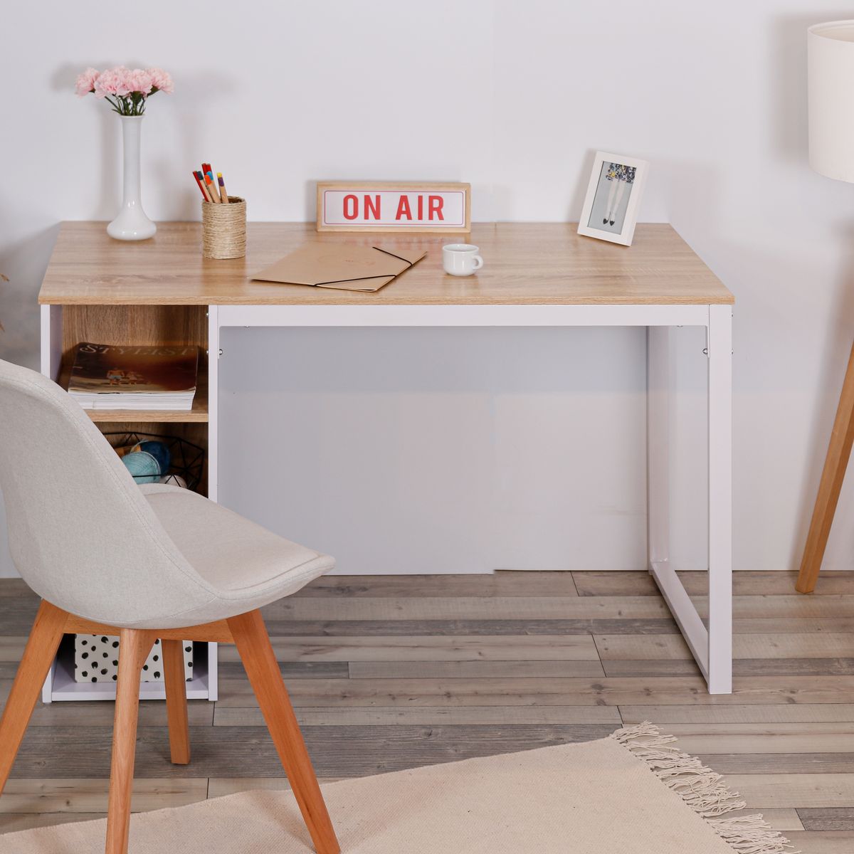 Bureau avec 3 niches en chêne blanc tube en métal pas cher 