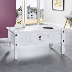 IDIMEX Table basse RURAL table d'appoint rectangulaire en pin massif blanc avec 1 tiroir, meuble de salon style mexicain en bois