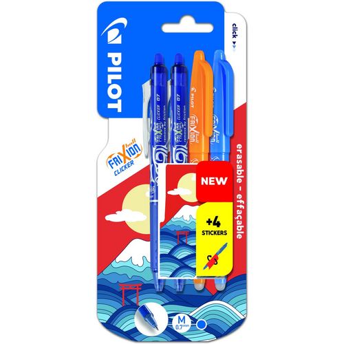 Lot de 2 stylos roller effaçables Frixion Ball bleu ciel/orange + 2 stylos bille rétractable Frixion