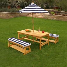 Table et bancs de jardin avec coussins et parasol - Marine