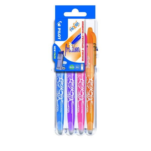 Lot de 4 stylos effaçables bleu/violet/rose/orange FriXion Ball