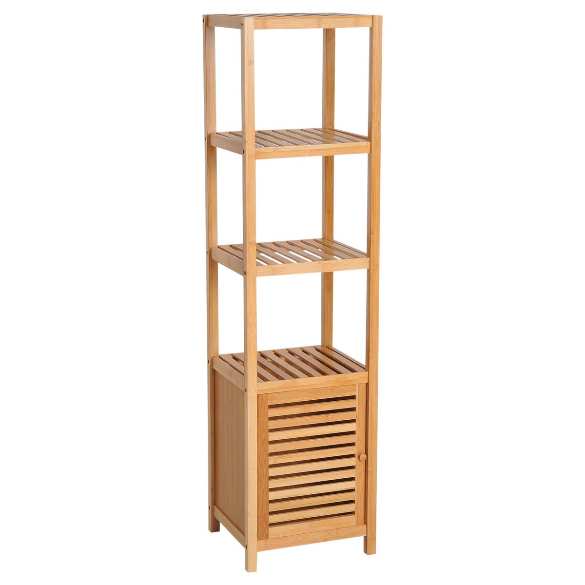 Meuble colonne rangement salle de bain bambou design naturel 36L x 33l x  140H cm 2 étagères 4 niveaux + placard