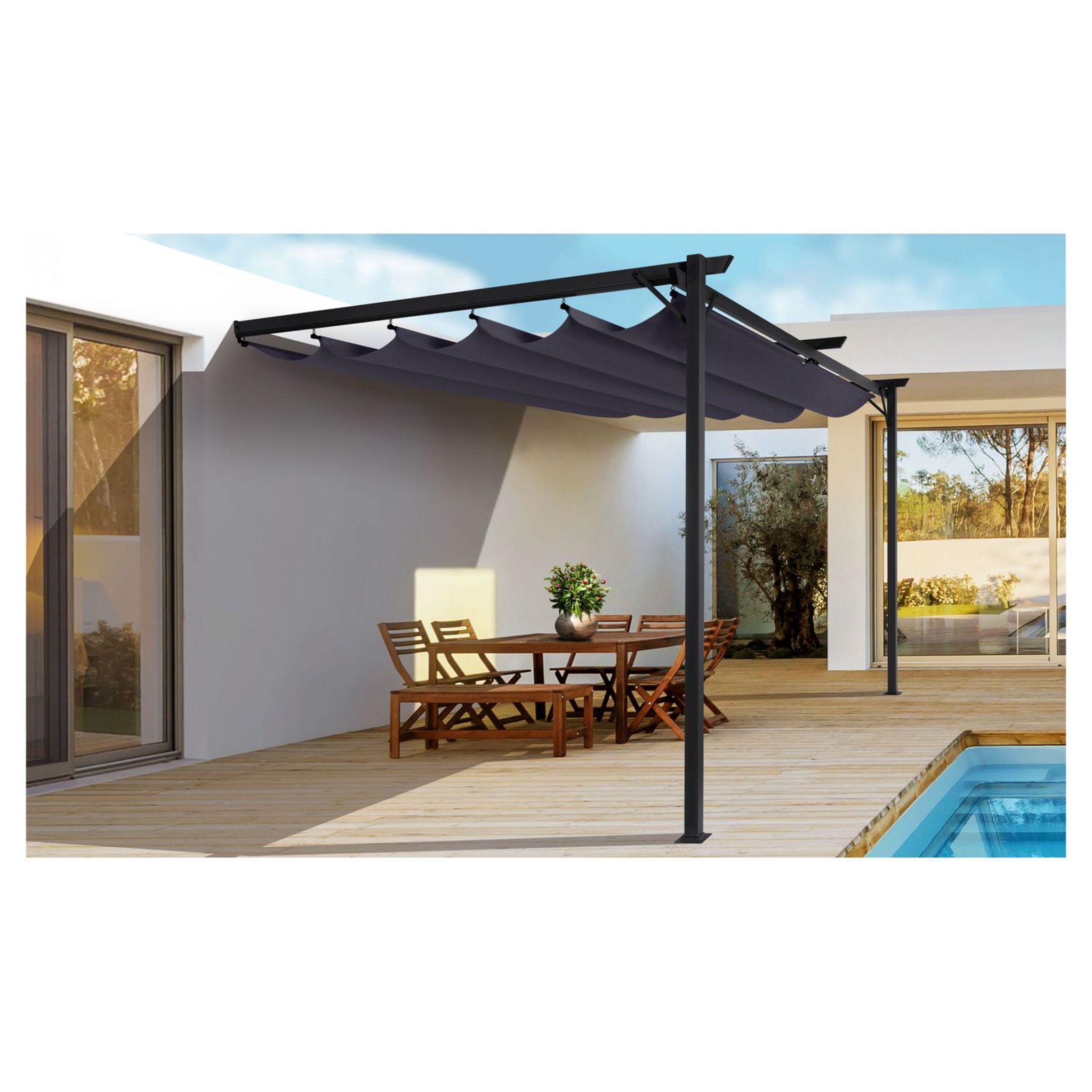 Pergola aluminium adossée avec rideaux 9 m2