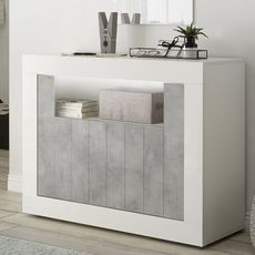 KASALINEA Petit bahut 110 cm blanc et couleur béton gris moderne MABEL 5-L 110 x P 42 x H 86 cm- Gris