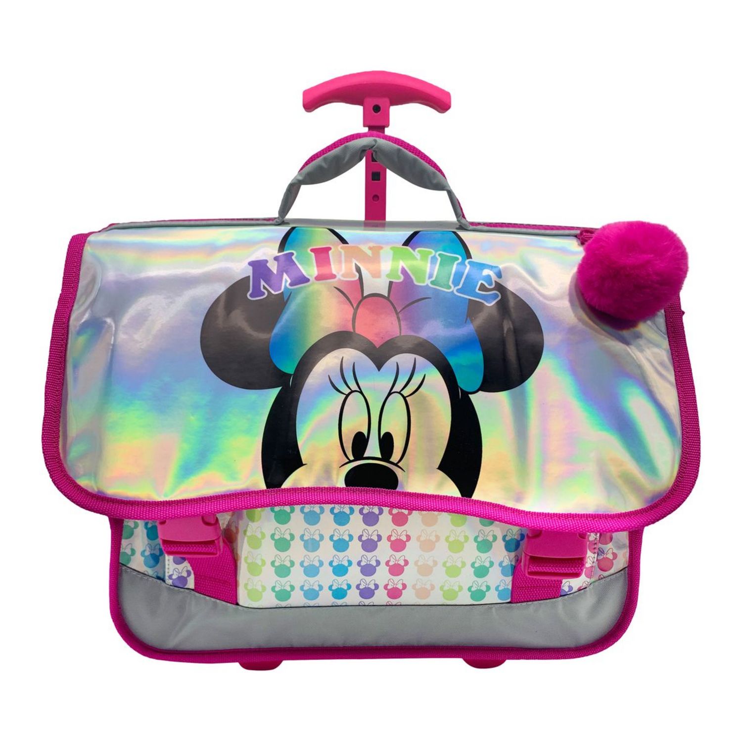 DISNEY Cartable roulettes avec pompon polyur thane argent