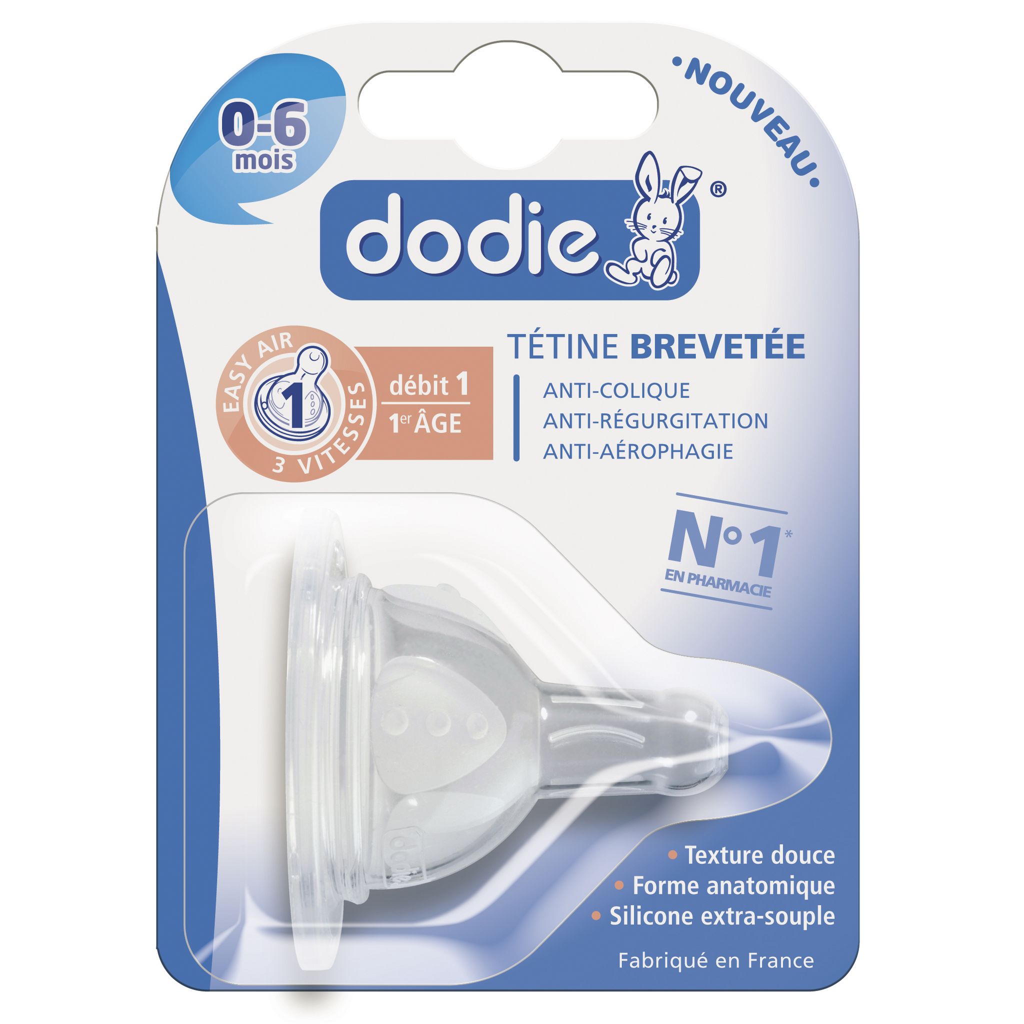 Dodie tétine plate col large 0-6 mois silicone DODIE Pas Cher 