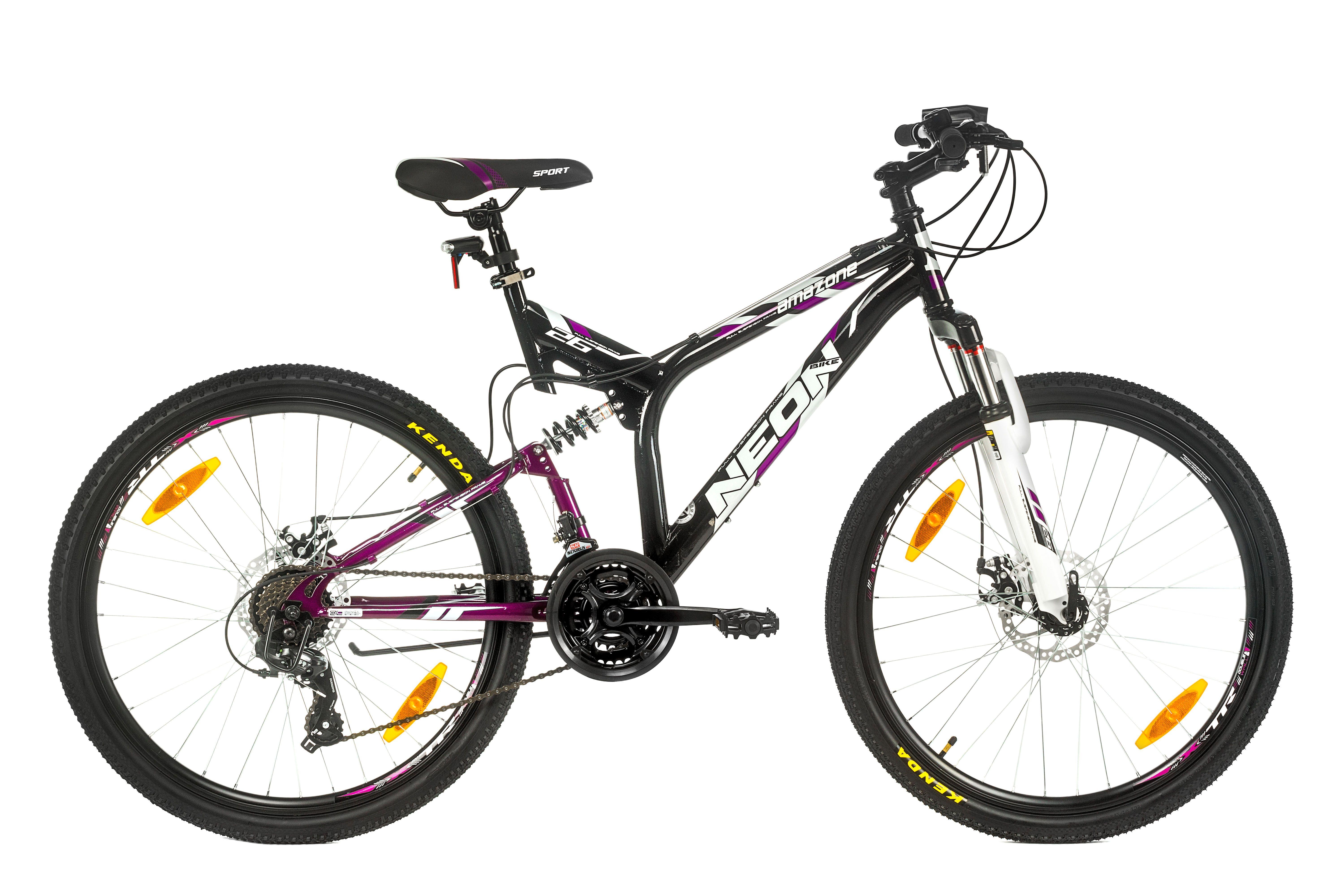 VTT 26'' Tout Suspendu Femme e /Neon - Cadre acier - Double Freins à  Disque - Potence Head set - Dérailleur arrière Shimano Tourney TY300 -  Poignées à Gâchettes Shimano ST-EF500 pas cher 