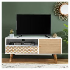 Meuble TV scandinave à imprimés - 1 porte 1 tiroir - décor bois et blanc - L115cm OHIO