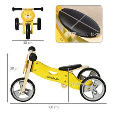HOMCOM Tricycle draisienne enfant 2 en 1 - selle réglable - roues EVA texturées, guidon ergonomique, poignée transport - panneaux bois jaune tête lion