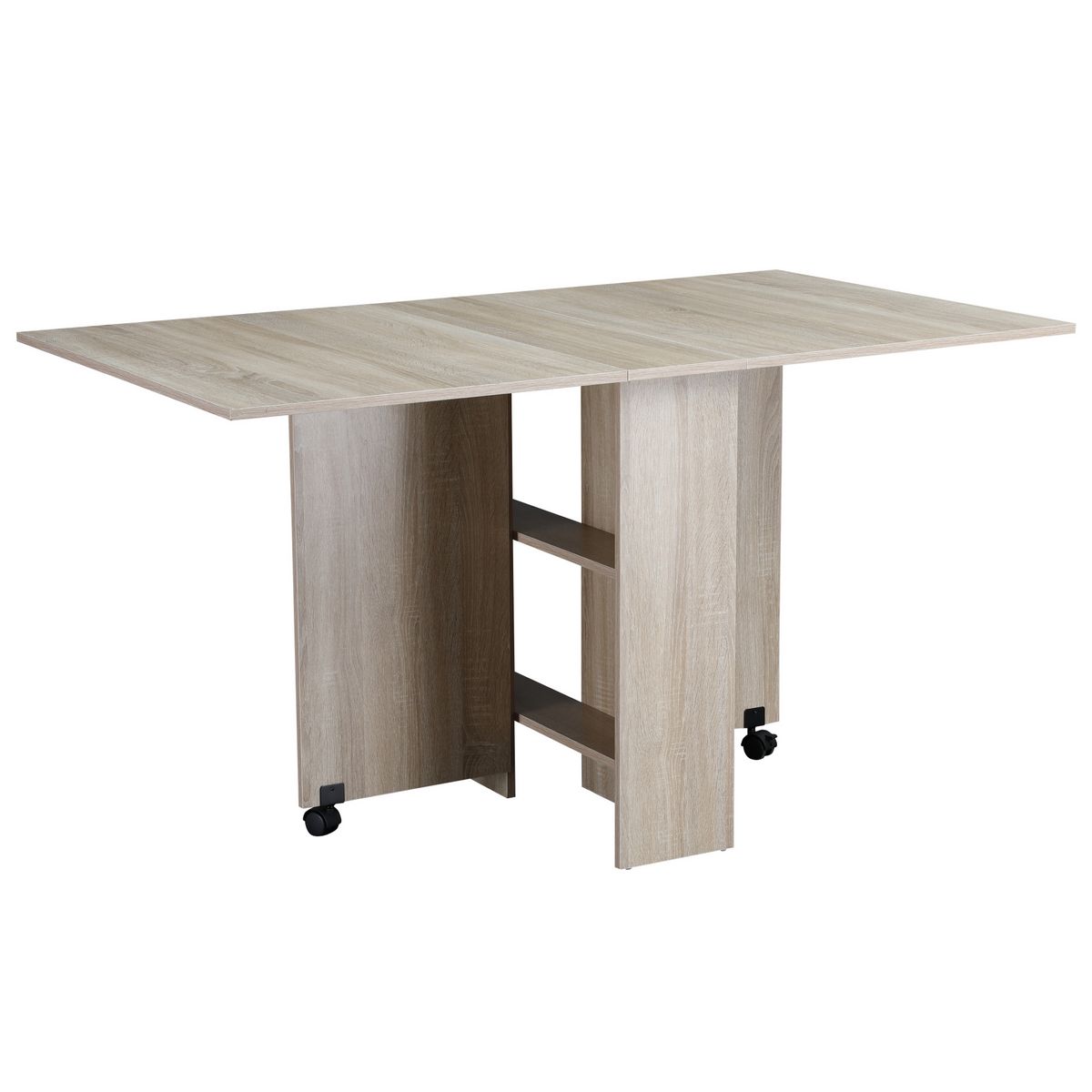 JOMEED Table pliante pour salle à manger cuisine gain de place avec tiroir  caché, 6 roues verrouillables et étagère de rangement à 2 couches, blanc et