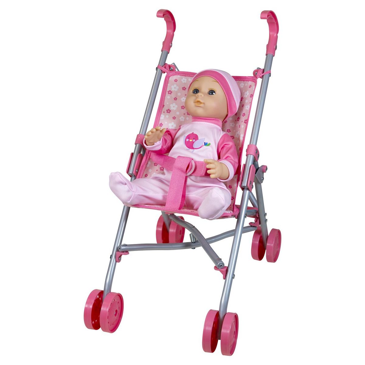 One Two Fun Mon bebe 35cm et sa poussette Set rose pas cher Auchan