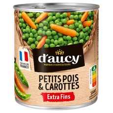 D'AUCY Petits pois carottes extra fins, 100% cultivés en France 530g