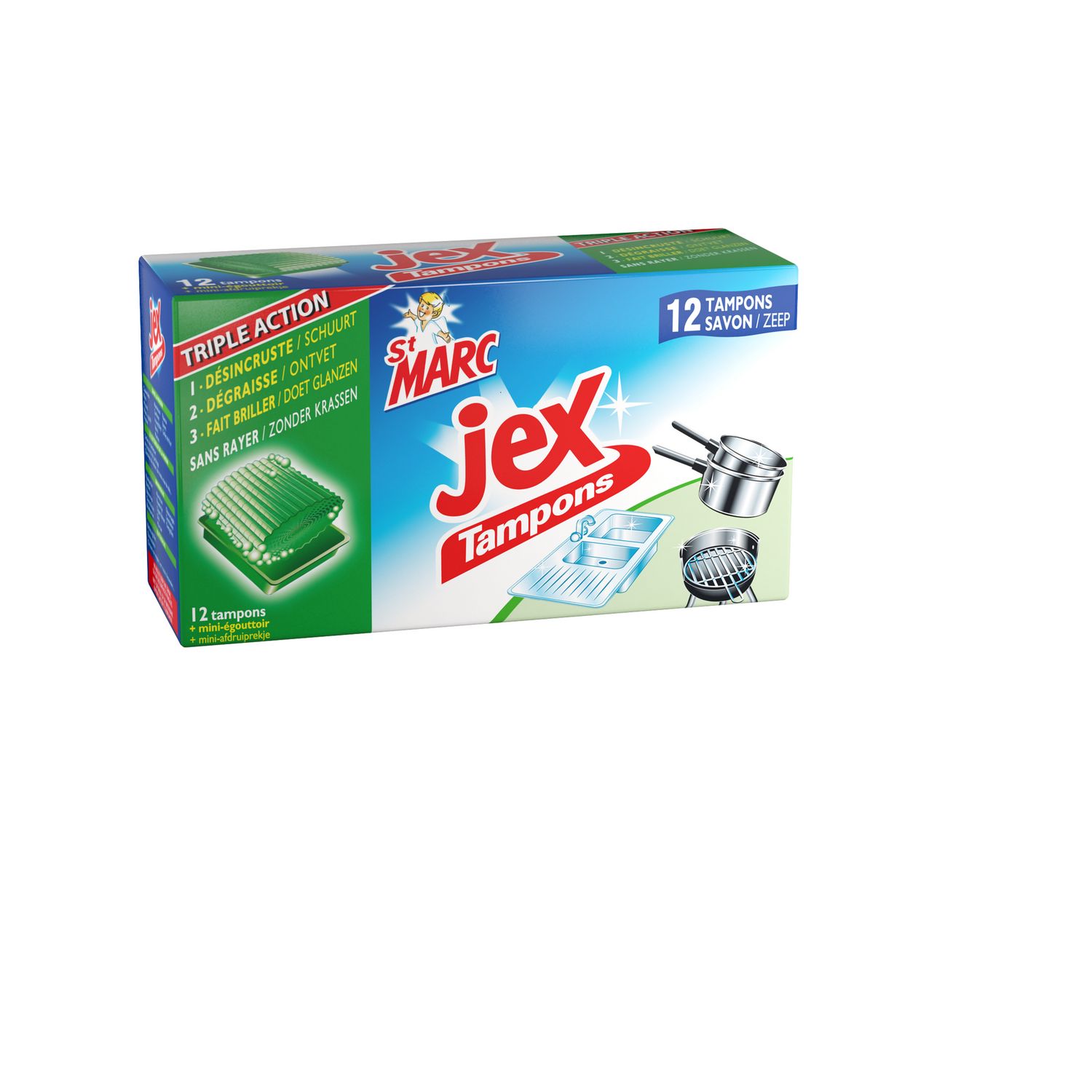 St Marc Tampons Jex entretien maison dégraissant et nettoyants multi  surfaces - 12 Tampons Laine d'Acier avec Savon : : Hygiène et Santé