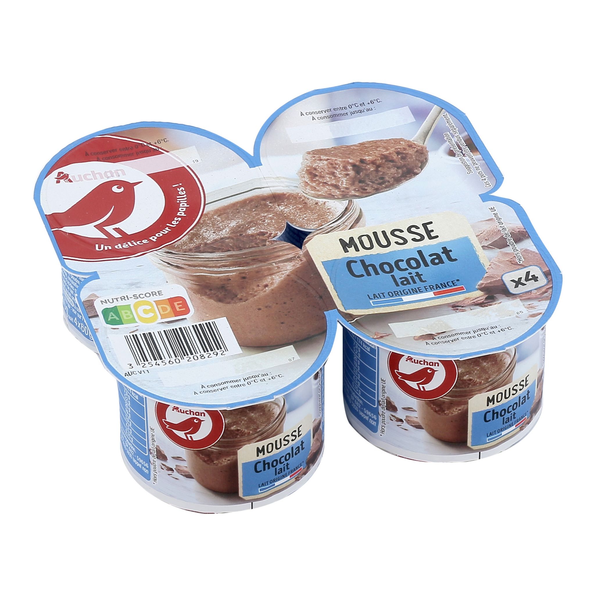 AUCHAN Mousse au chocolat au lait 4x12cl pas cher 