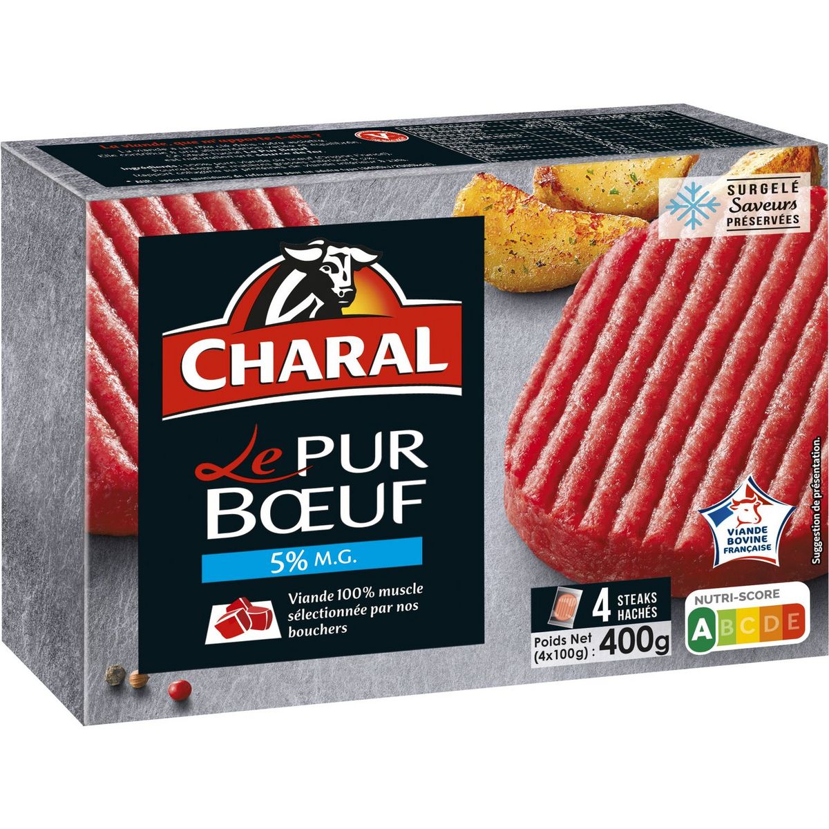 CHARAL Steaks hachés pur bœuf 5% MG 4 steaks 400g