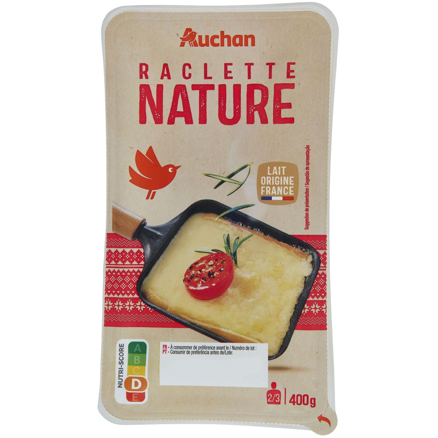 AUCHAN Fromage à raclette nature 2/3 Personnes 400g pas cher 