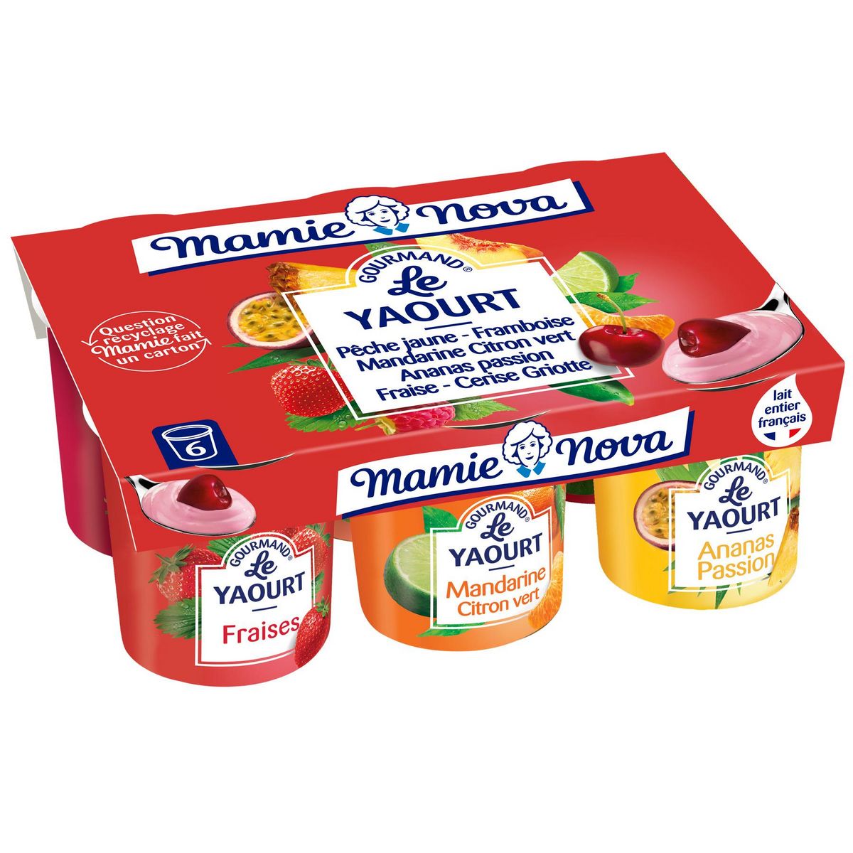 MAMIE NOVA Yaourt gourmand aux fruits cerise griotte ananas/passion fraise  avec morceaux 6x150g pas cher 