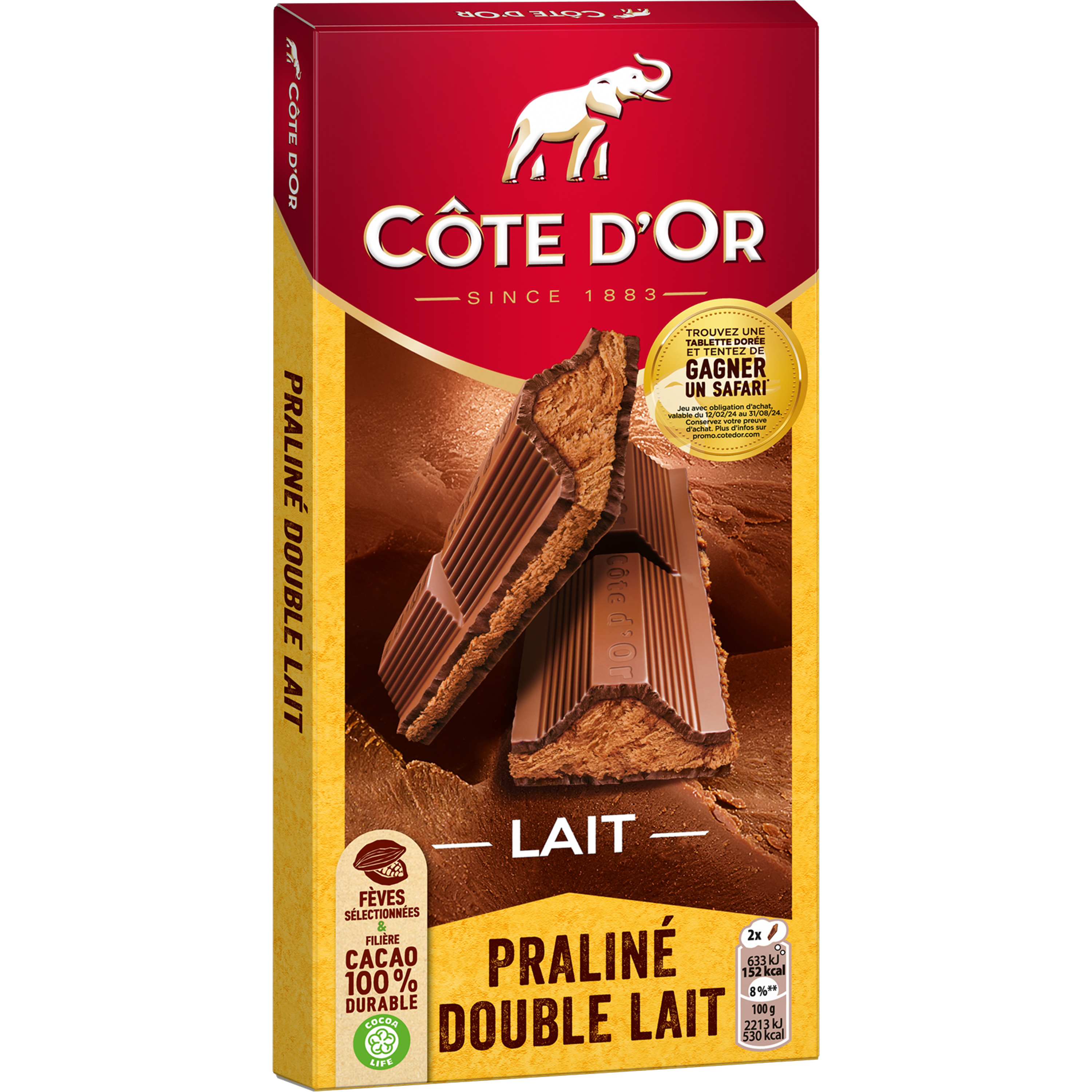 COTE D'OR Tablette de chocolat au lait fourré praliné et double lait 1  pièce 200g pas cher 