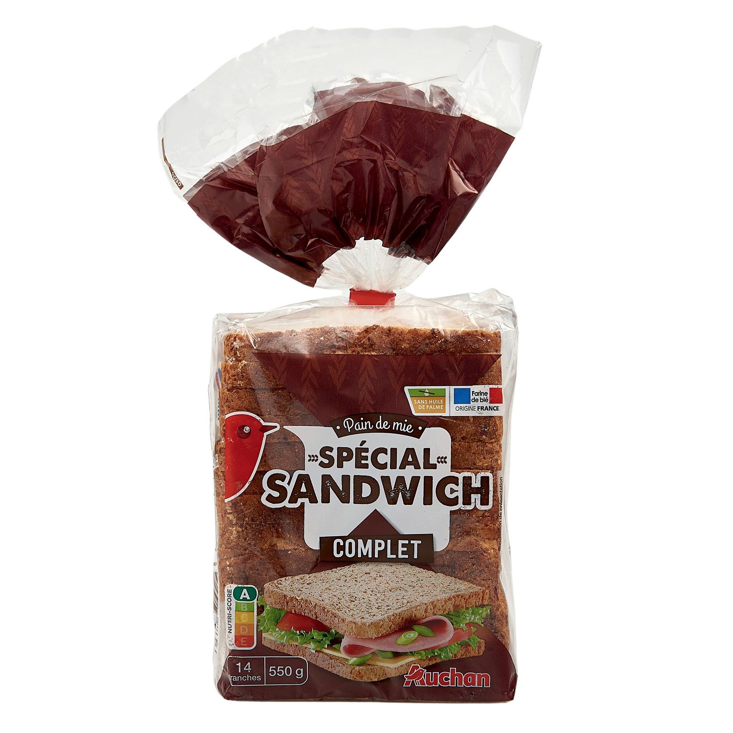AUCHAN Pain de mie complet avec croûte spécial sandwich 21 tranches 825g  pas cher 