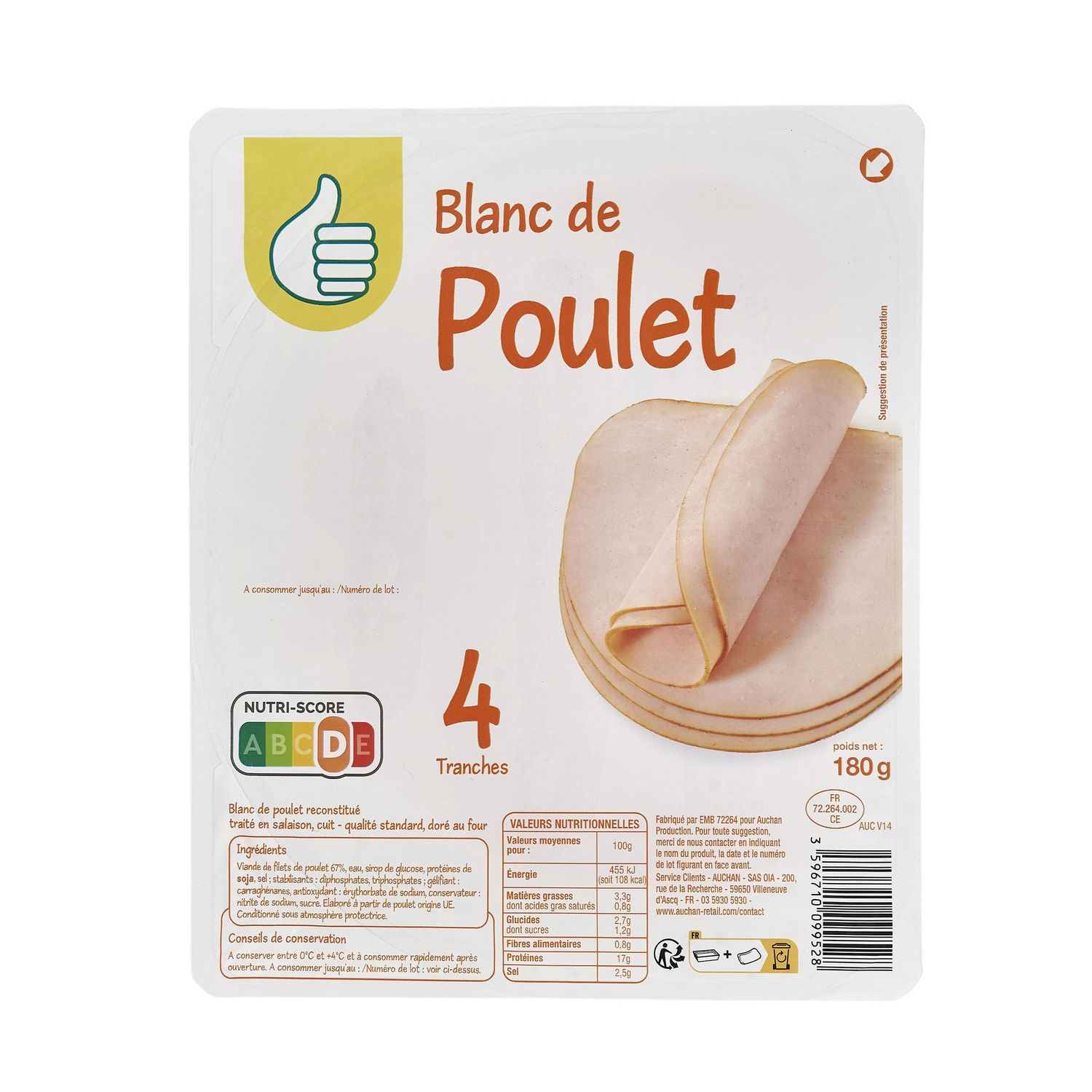 AUCHAN Blanc de poulet 8 tranches 240g pas cher 