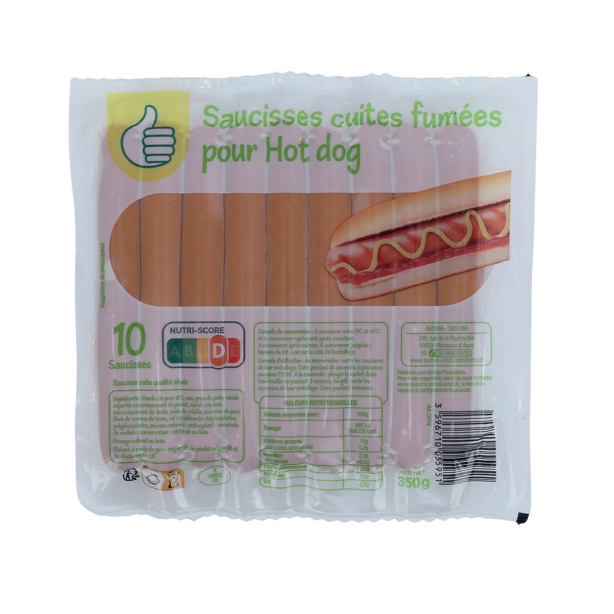POUCE Saucisses cuites fumées pour hot dog 10 pièces 350g