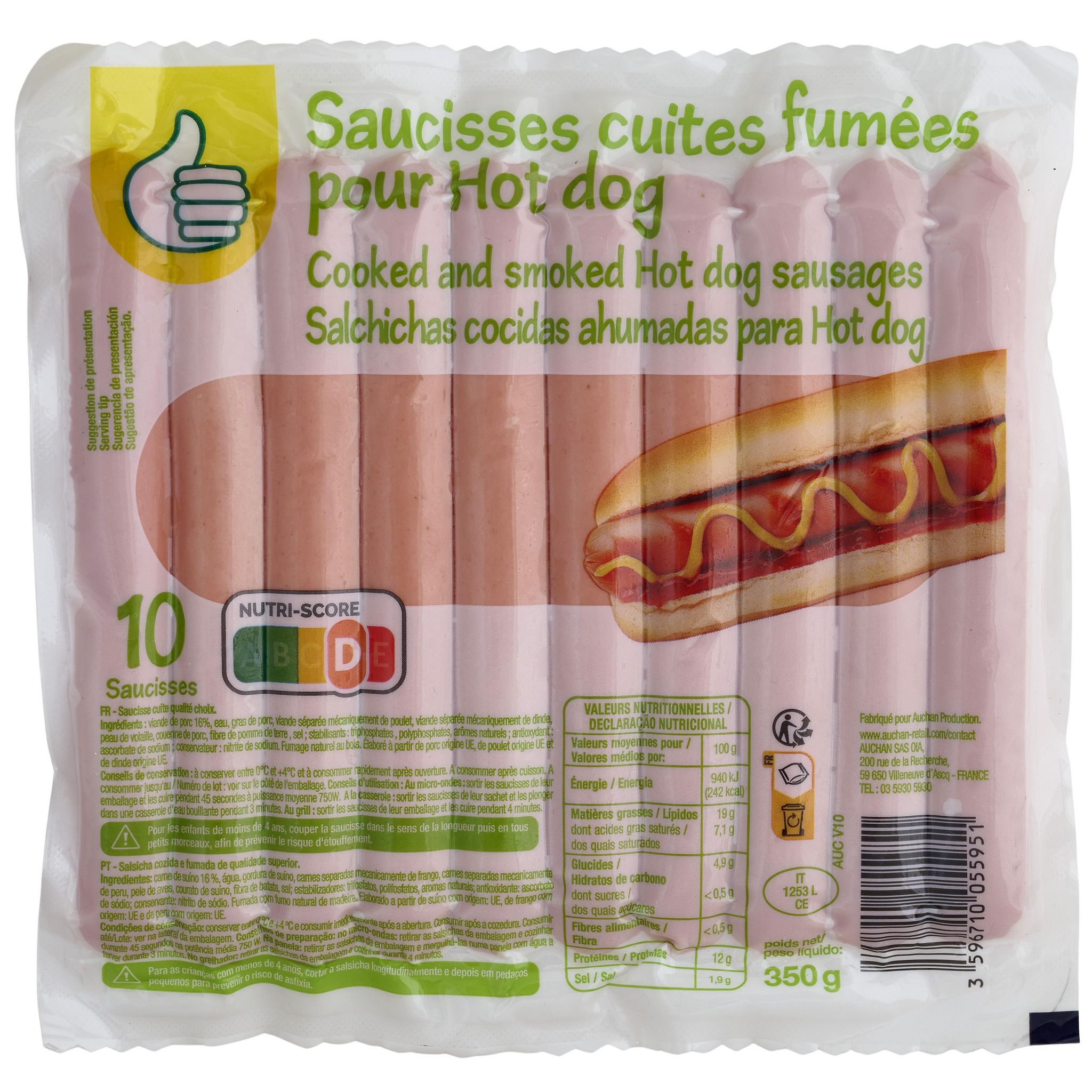 Saucisses Hot Dogs au porc CLASSIC en lot de 144 pièces de 50g