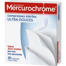 MERCUROCHROME Compresses stériles ultra douces 7.5cm x 7.5cm 20 compresses