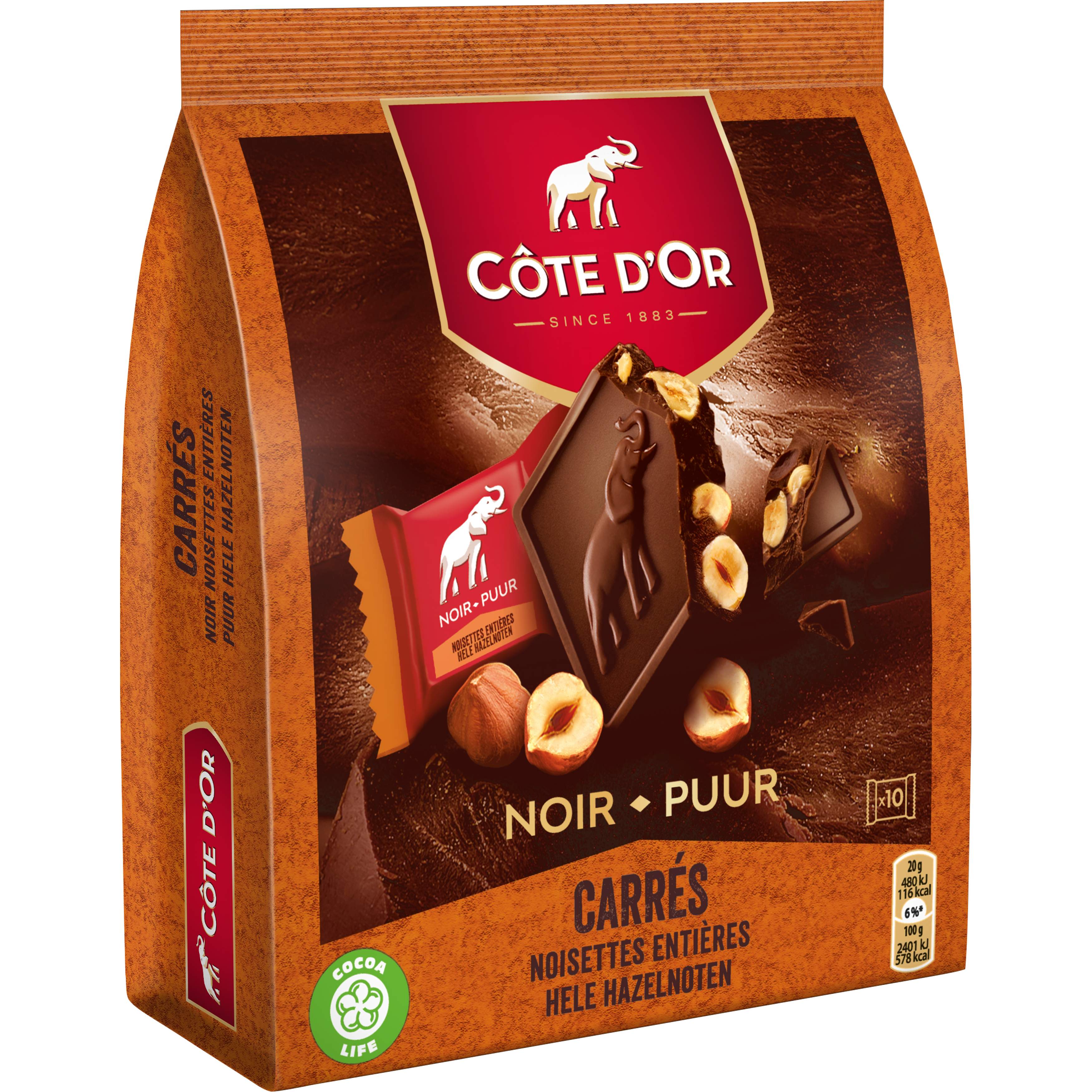 COTE D'OR Carrés de chocolat noir aux noisettes entières 10 pièces 200g pas  cher 