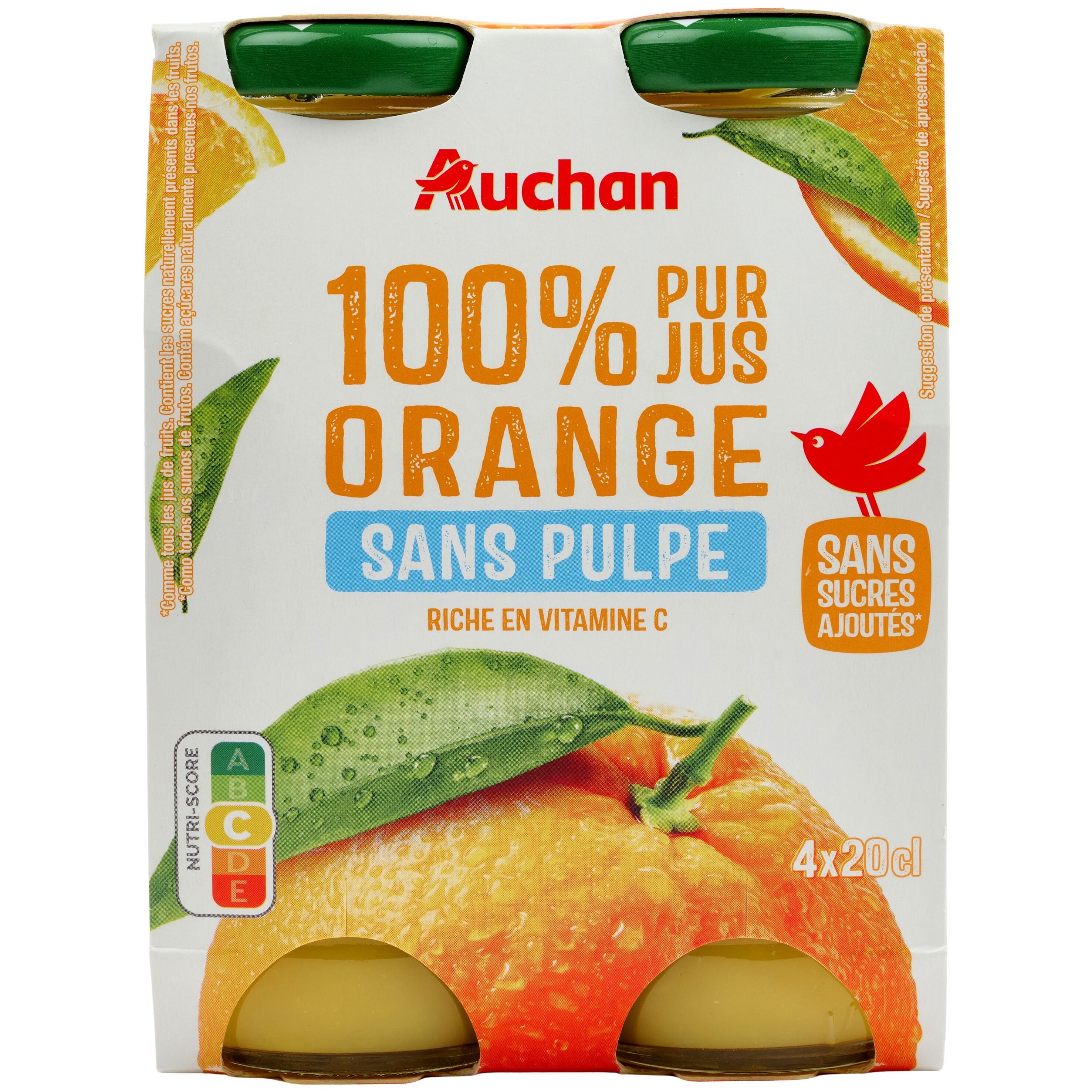 AUCHAN Pur jus d'orange bouteilles verre 4x20cl pas cher 