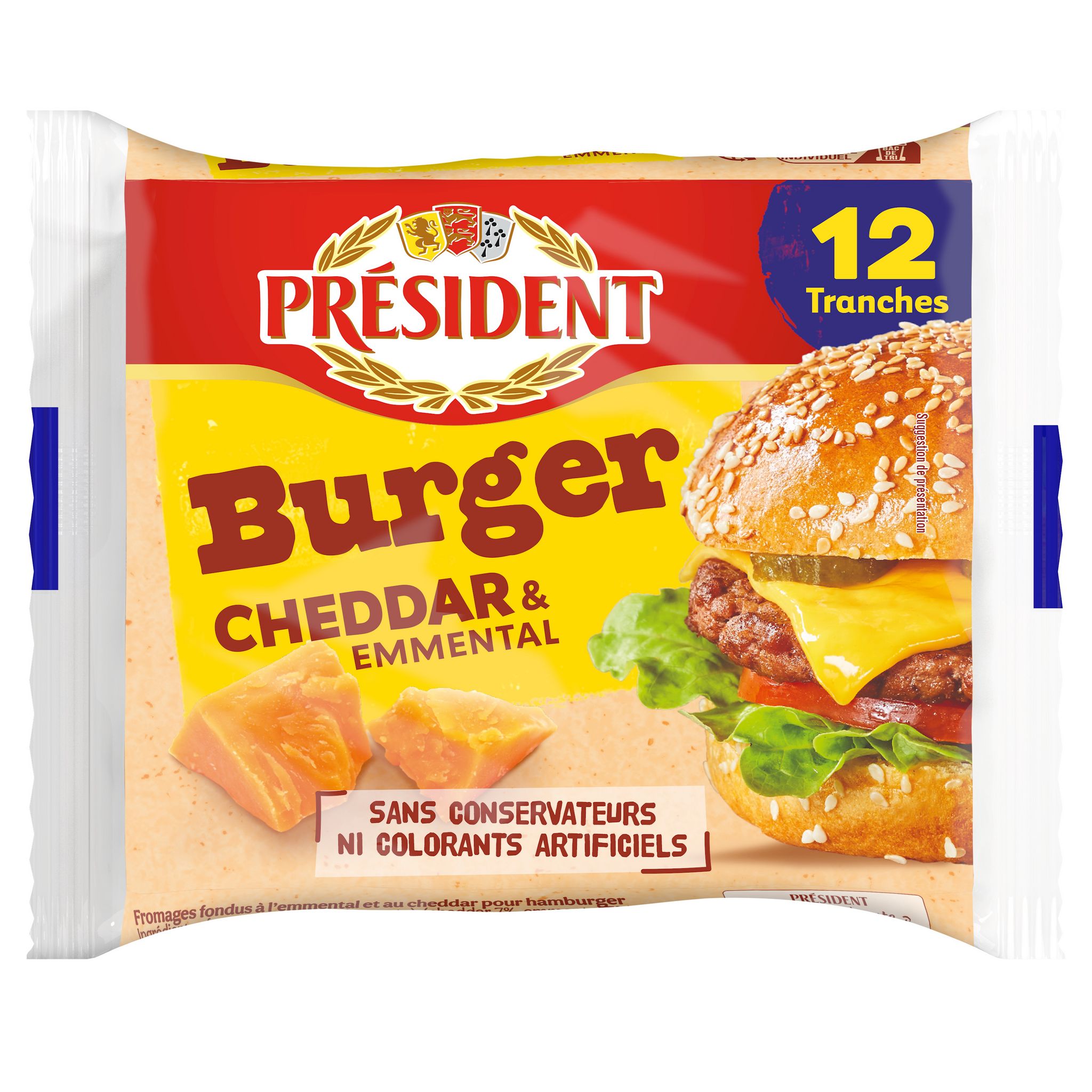 PRESIDENT Cheddar et emmental pour hamburger 12 tranches 200g pas cher 