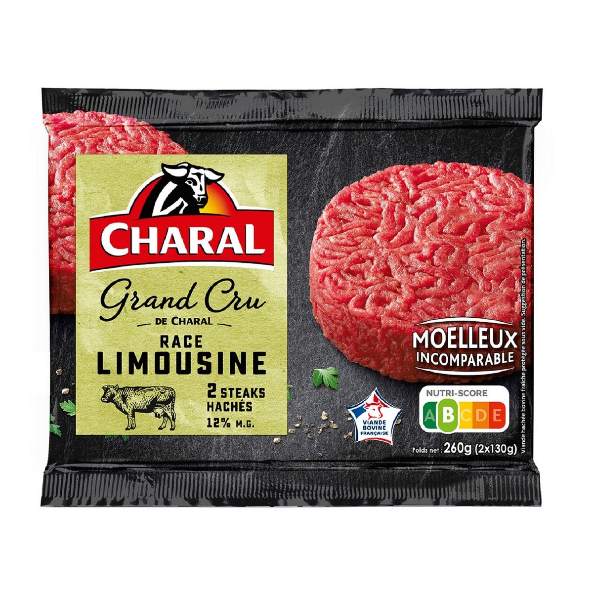 CHARAL Grand cru steaks hachés race limousine 12%mg 2 pièces 260g