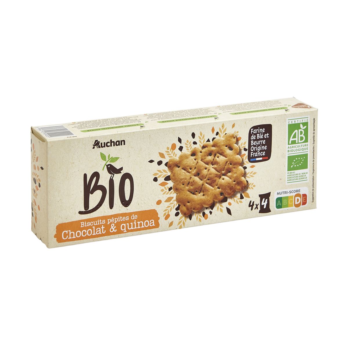 AUCHAN BIO CULTIVONS LE BON Biscuits au quinoa et pépites de chocolat sachets fraîcheur 4x4 biscuits 135g