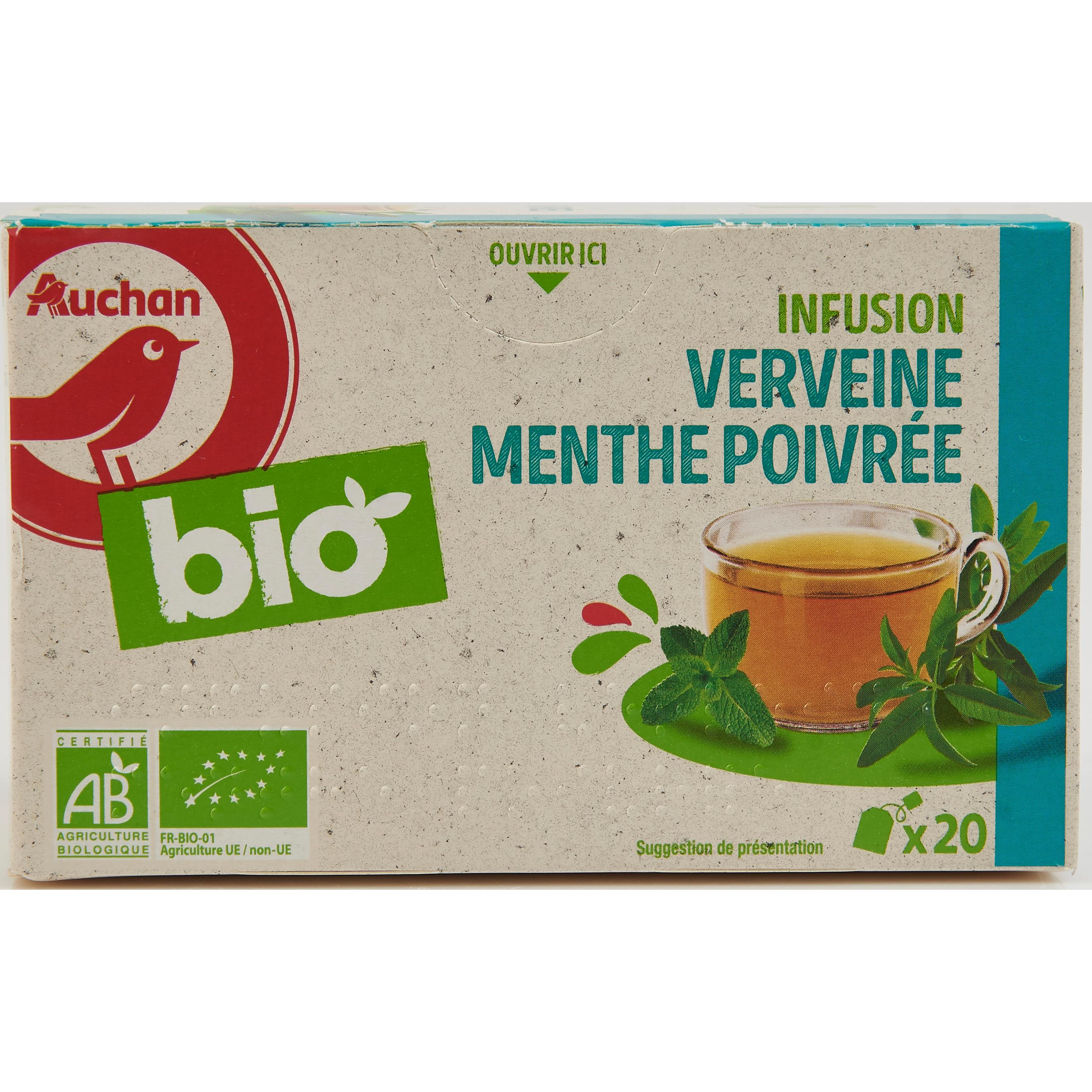 AUCHAN BIO Infusion au thé vert verveine et menthe poivrée 20 sachets 30g  pas cher 