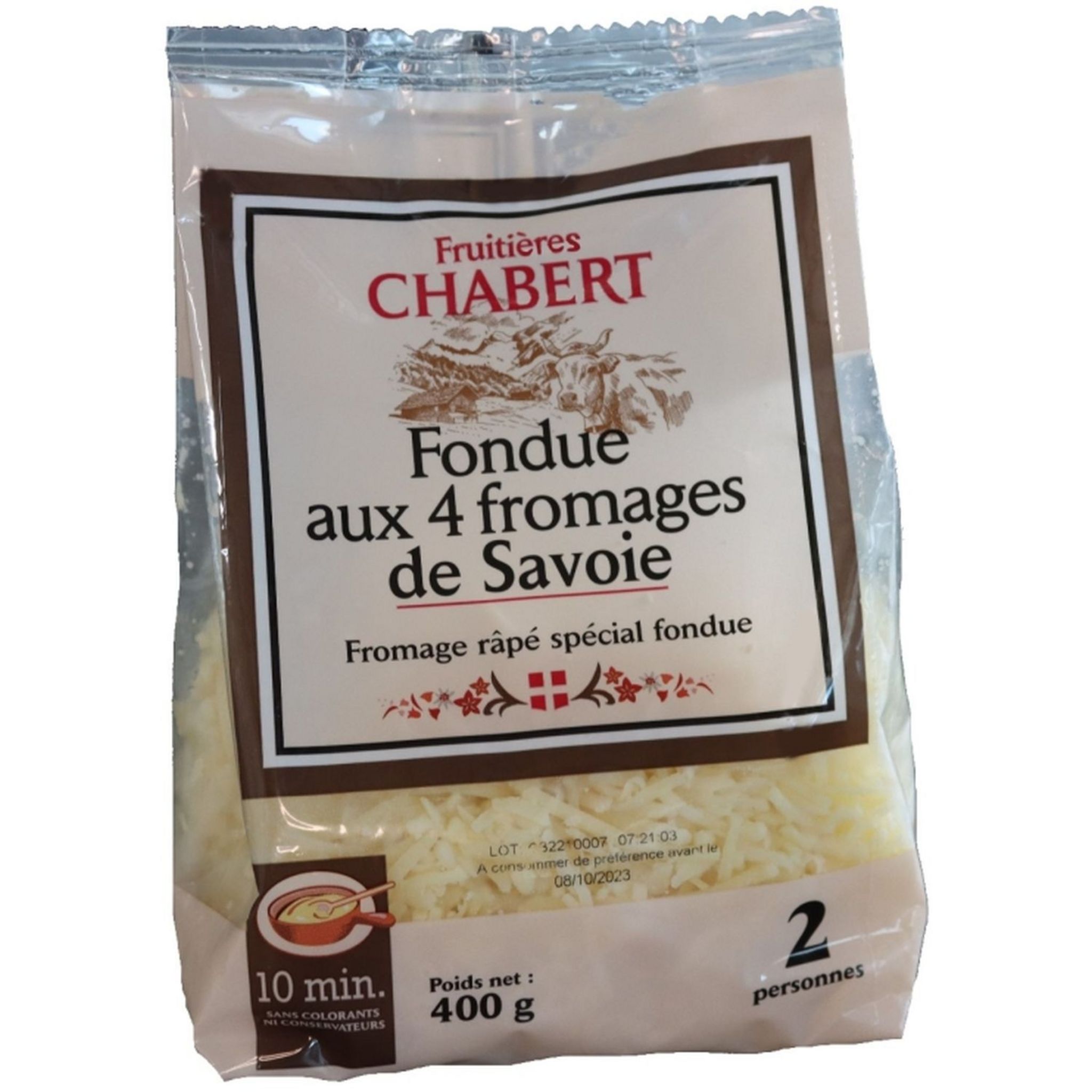 Fromage râpé pour fondue aux 4 fromages de Savoie, FRUITIERES CHABERT,au  lait cru, 32% Mat.Gr, sachet 1kg - Super U, Hyper U, U Express 