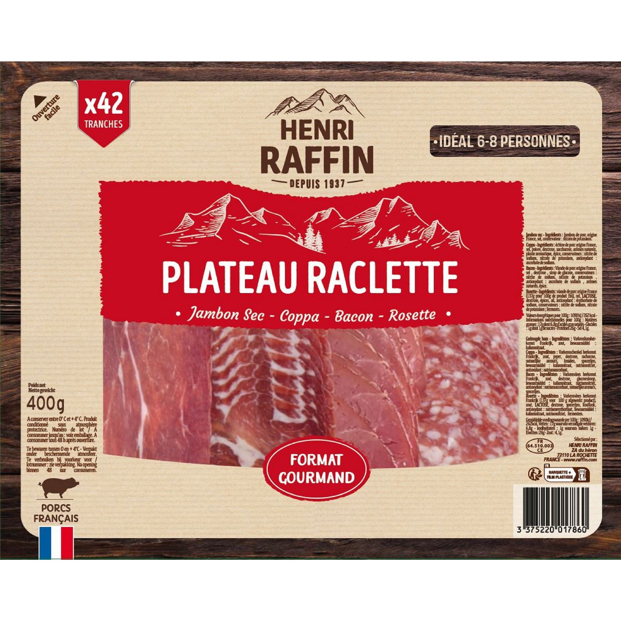 Assortiment Raclette 8-10 personnes. Jambon blanc, jambon sec, rosette,  bacon, pavé au poivre