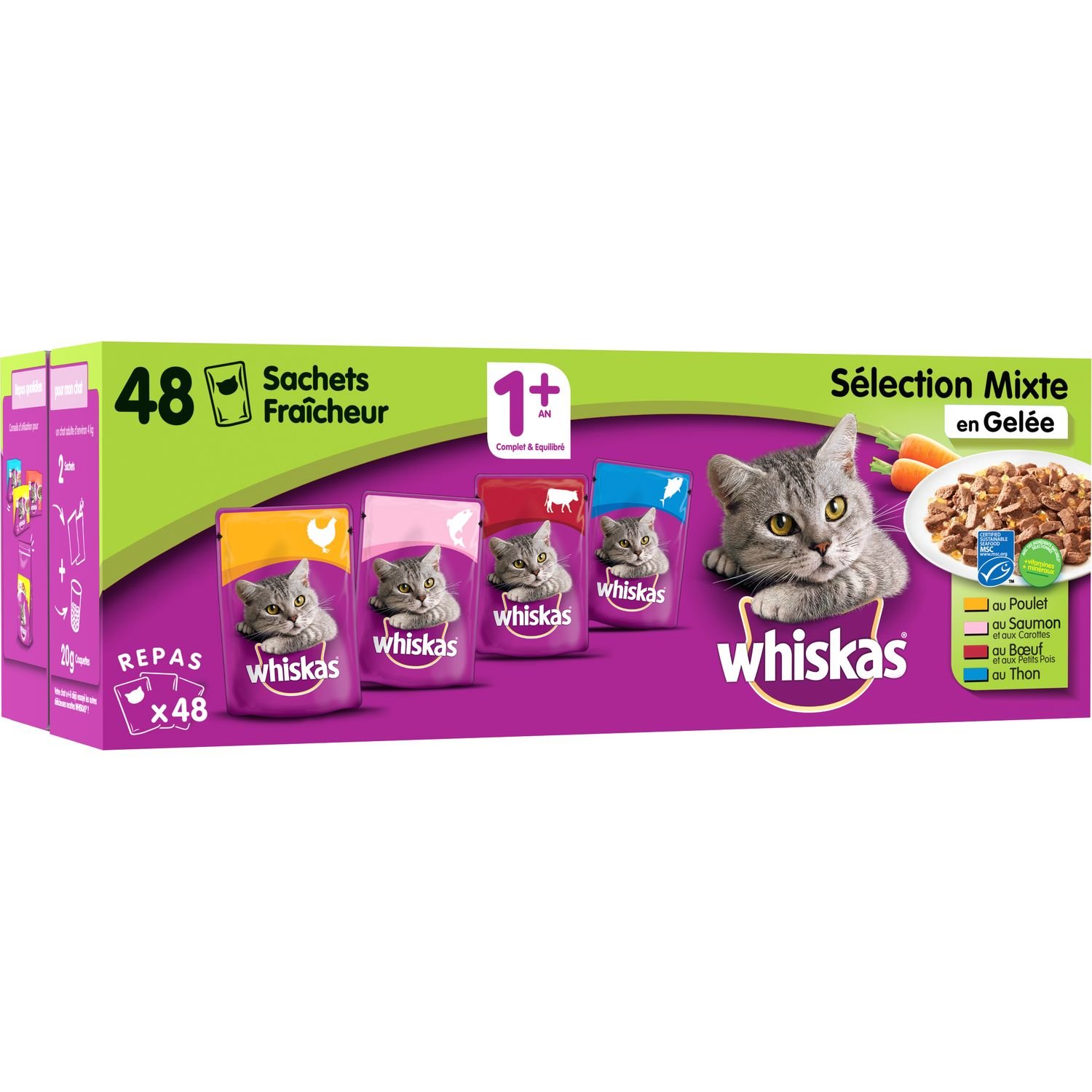 Pâtée pour chat sachets carte mixte en gelée, Whiskas (48 x 85 g)