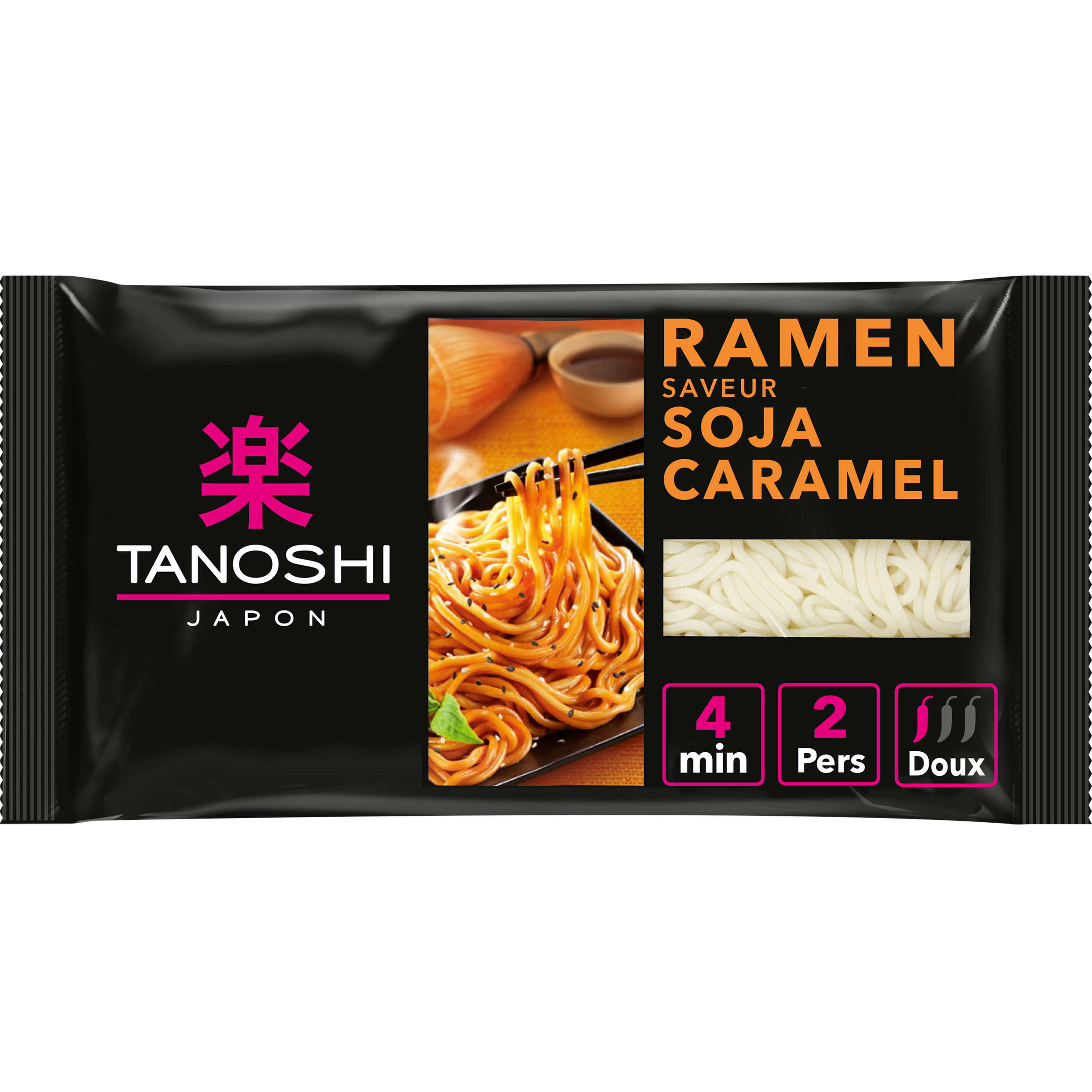 TANOSHI Ramen nouilles asiatiques précuites saveur soja caramel en sachet 2  personnes 360g pas cher 