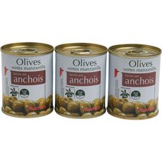 AUCHAN Olives vertes manzanilla farcies aux anchois en boîte lot de 3 3x50g