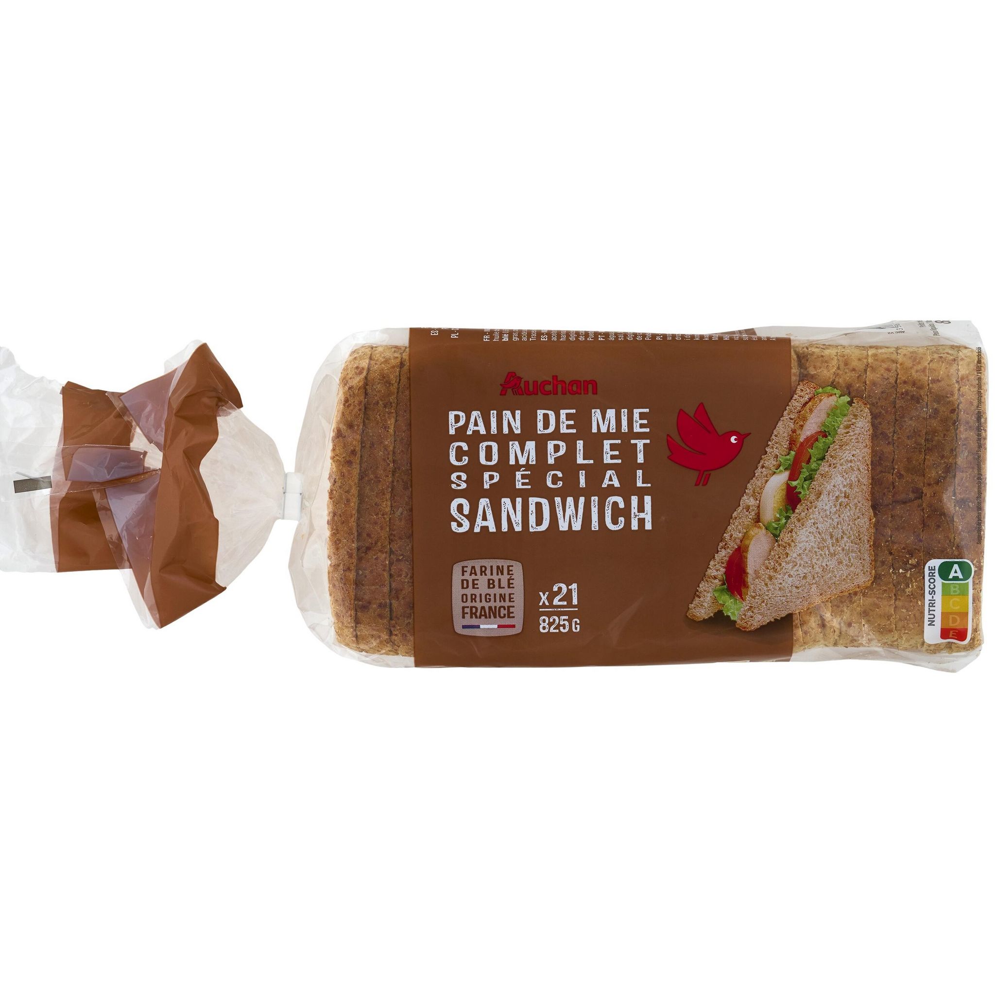 AUCHAN Pain de mie complet avec croûte spécial sandwich 21 tranches 825g  pas cher 