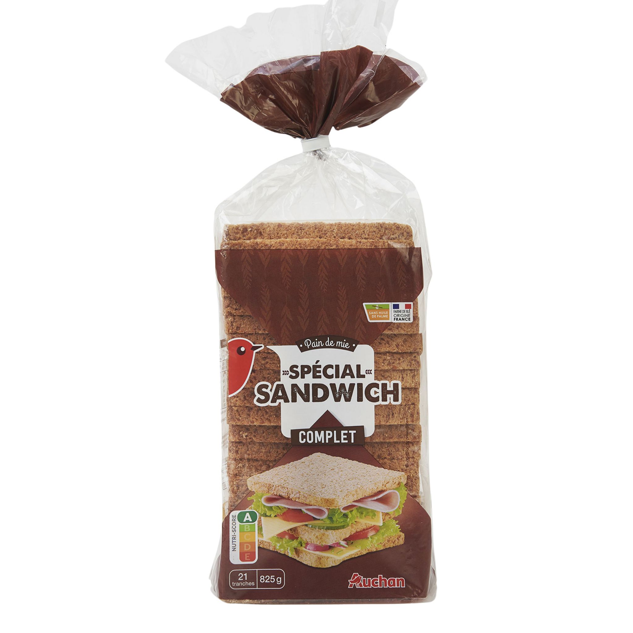 AUCHAN Pain de mie complet avec croûte spécial sandwich 21 tranches 825g  pas cher 