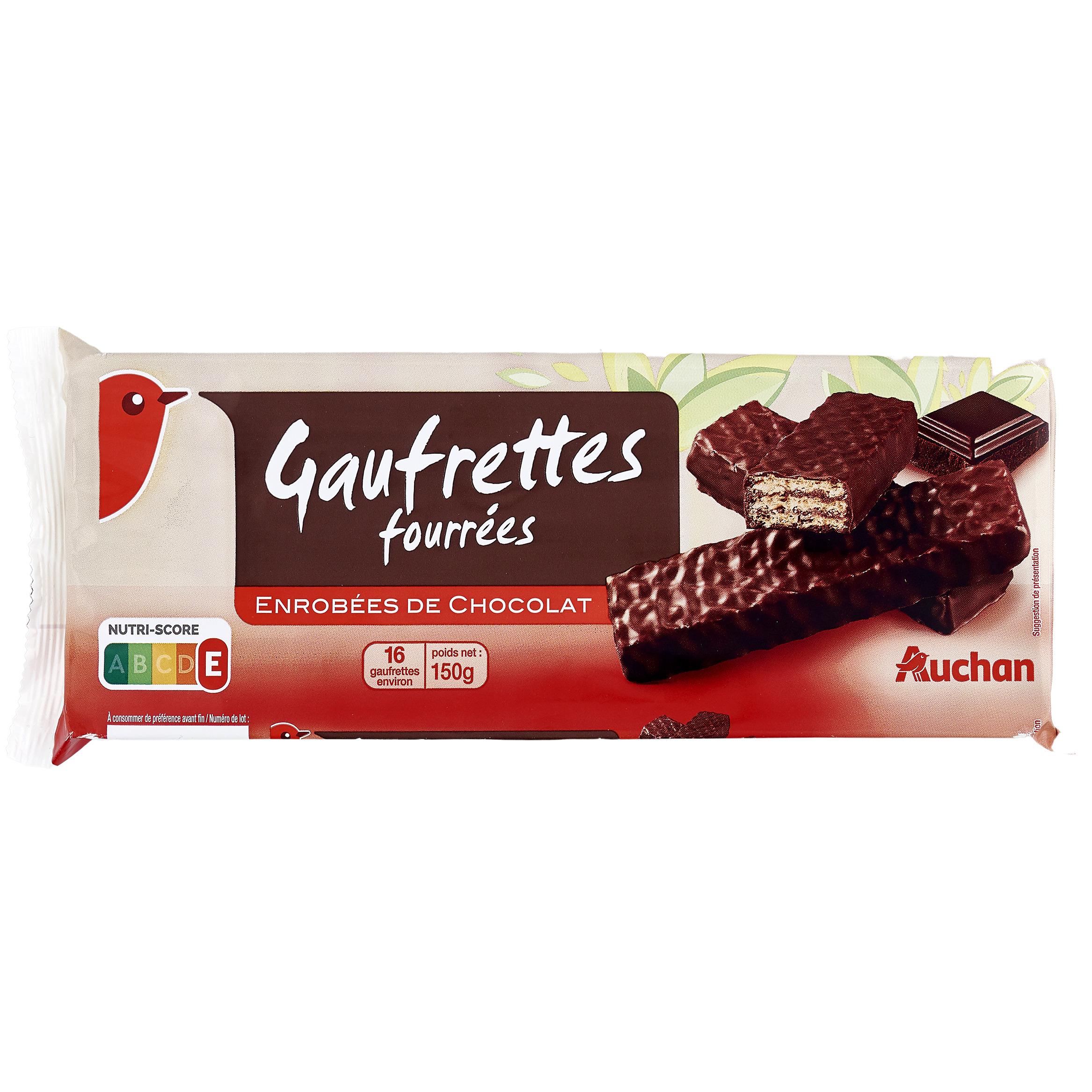 AUCHAN Gaufrettes fourrées enrobées de chocolat 16 biscuits 150g pas cher 