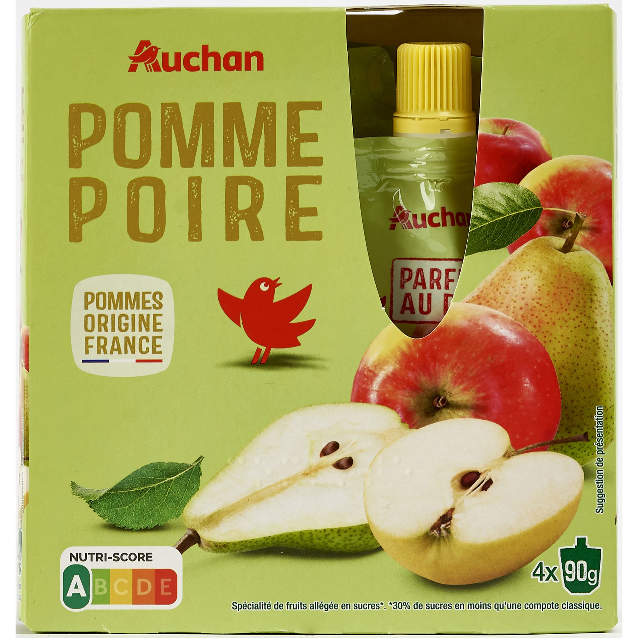 POUCE Auchan Essentiel Gourde compote de pomme allégée en sucres 1x90g  1x90g pas cher 