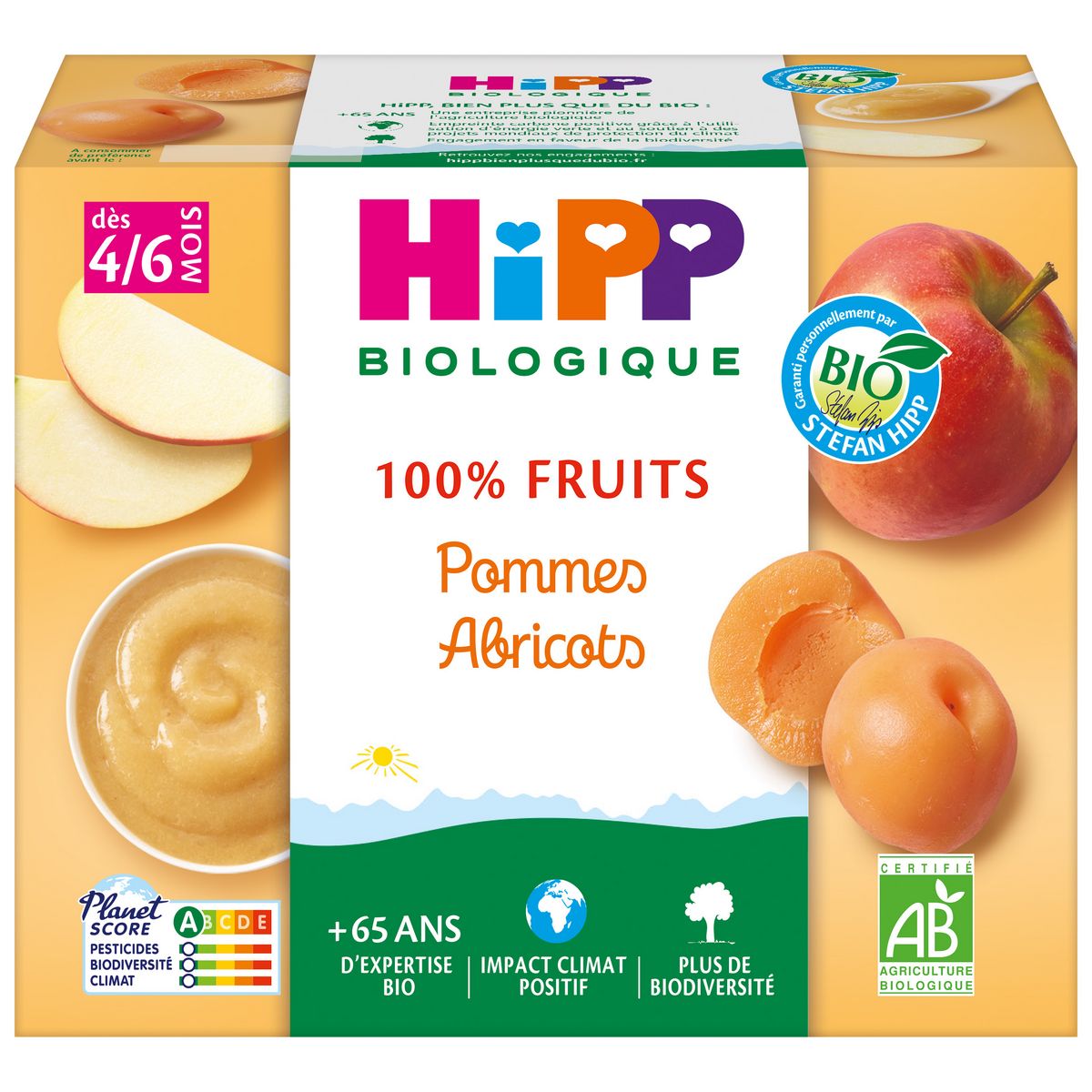HIPP Petit pot dessert pommes abricots bio dès 4 mois 4x100g pas